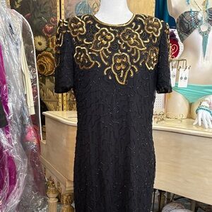 Silk Black Midi Dress with Gold Beaded Embellishment